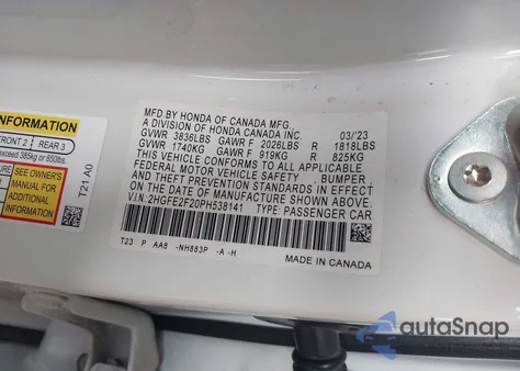 2023 Honda Civic Lx from USA, damaged, VIN 2HGFE2F20PH538141